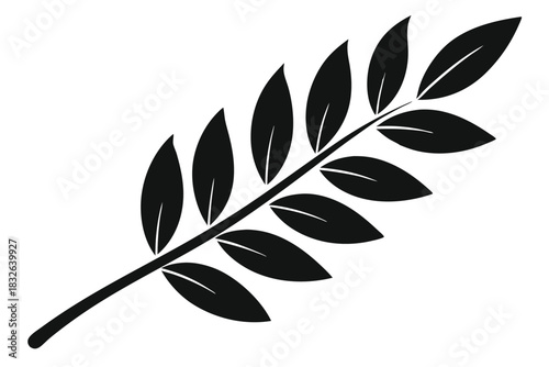 A simple branch displays glossy black leaves radiating off its stem in monochrome