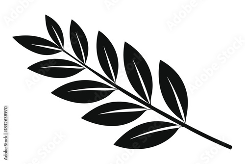 Bold silhouette showcases a leafy branch detailed with distinct, textured leaves against a plain backdrop