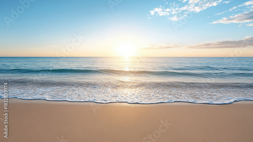 Fototapeta Naklejka Na Ścianę i Meble -  Sunrise ocean wave beach horizon calm light golden reflection