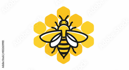 Stylized Honey Bee on Hexagonal Honeycomb Pattern.
