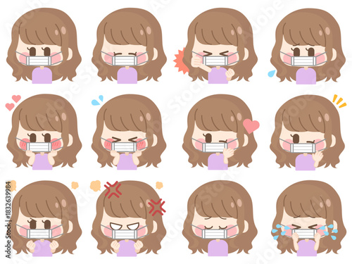 マスクをするゆるふわヘアの女の子（セット01）