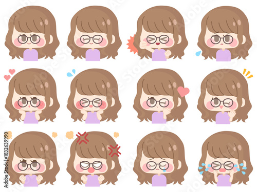 眼鏡のゆるふわヘアの女の子（セット01）