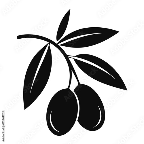 Two black olives hanging from a branch with leaves create a nature icon