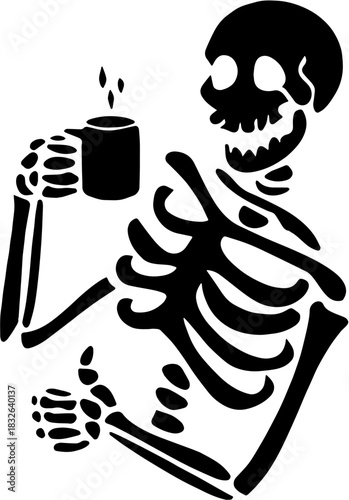 Skeleton Drinking Coffee Silhouette Vector