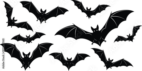Flying Bat Silhouettes Vector Collection: Black and White Icons of Chiroptera in Various Flight Poses for Halloween, Spooky, and Wildlife Graphics Illustration.