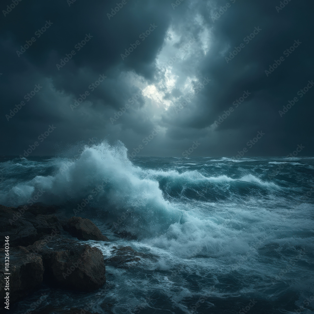 Obraz premium Dramatic Seascape with Crashing Waves and Stormy Sky: A Powerful Image of Nature's Fury and Coastal Beauty, Perfect for Travel, Weather, and Adventure Themes