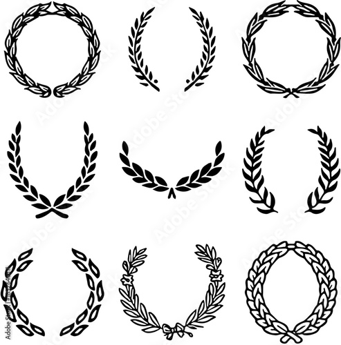 Black Silhouette of Laurel Wreaths. Achievement and Honour Symbols.