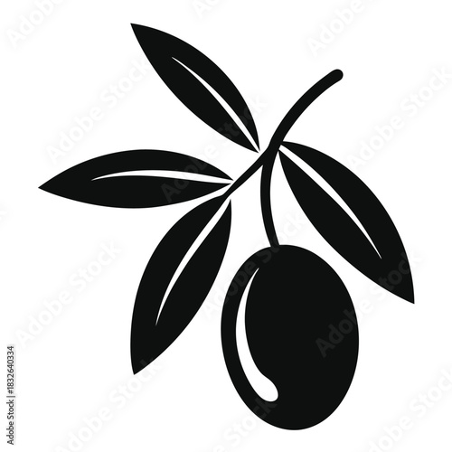 Black silhouette shows single olive on branch, complete with leaves, on white background