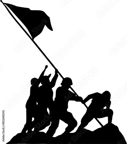 Soldiers Raising Flag Silhouette. Military Memorial and Patriotism Symbol.