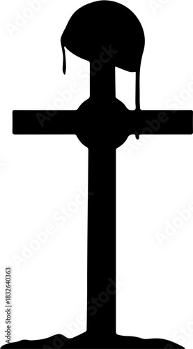 Soldier's Cross Silhouette. Battlefield Cross with Helmet on Grave Marker.