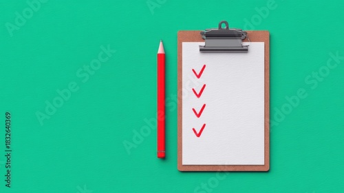 A clipboard with a checklist and red pencil on a vibrant green background.