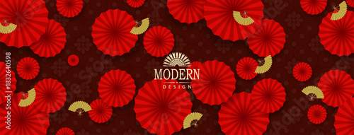 Exquisite textured background in red with Chinese golden fans.
