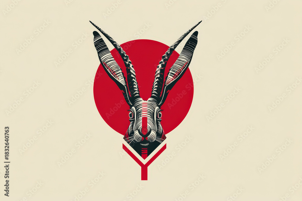 custom made wallpaper toronto digitalAbstract Hare Illustration with Red Circle and Geometric Design, Black and White Graphic Art, Modern Minimalist Style, Animal Portrait, Contemporary Art