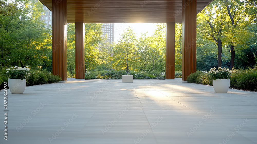 Fototapeta premium Sunlit modern pavilion patio with planters and park trees, peaceful morning scene