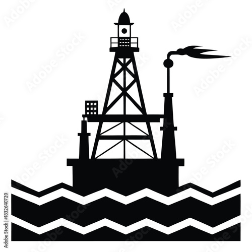 Silhouette shows offshore oil rig with burning flare over stylized waves