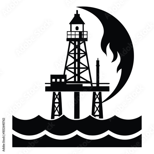 Black offshore oil rig on ocean waves with abstract black curved element