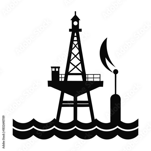 Nautical tower on wave with a small lighted buoy marks channel safely