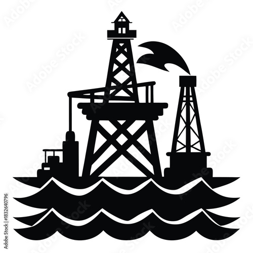 Monochrome oil rig structure stands firmly on the ocean, symbolizing industrial strength