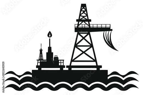 The detailed black silhouette shows an offshore oil rig situated atop stylized ocean waves