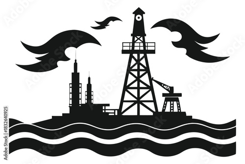 Silhouette of an oil rig platform with two birds flying over the water