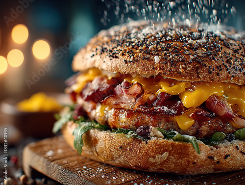 Gourmet Burger with Bacon, Cheese, and Arugula on Seeded Bun Being Sprinkled with Salt, Served on Wooden Board with Bokeh Background