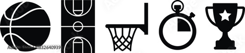 Basketball icons set representing the sport court time and success