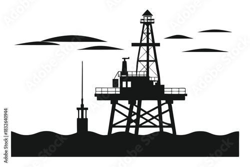 Silhouette shows offshore oil rig structure with small boat and clouds in background