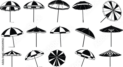 Beach Umbrella Silhouettes Vector Collection: Black and White Icons of Striped Sunshades in Various Poses for Summer, Holiday, and Vacation Graphics Illustration.