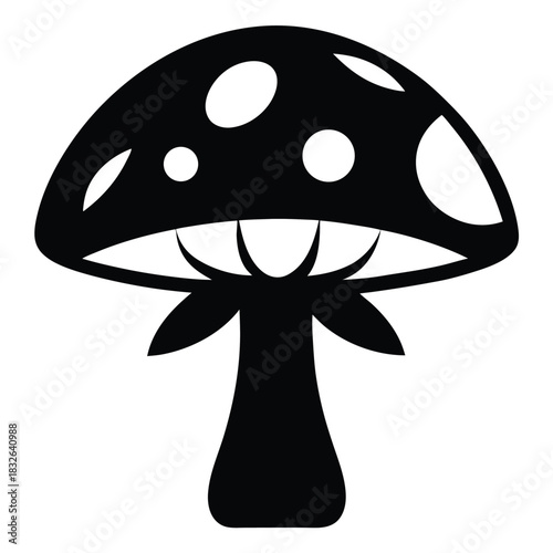 Simple mushroom with white spots on its cap is presented in black