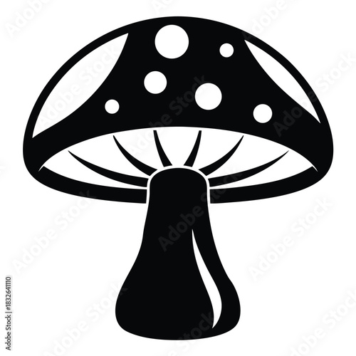 A bold black and white mushroom stands alone in a icon