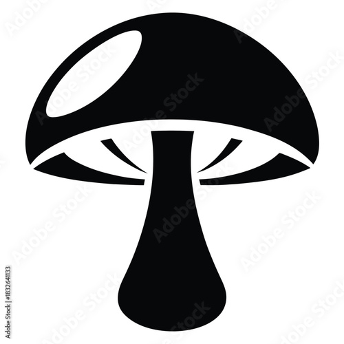 Single isolated mushroom illustration shows a smooth cap and stem in black color