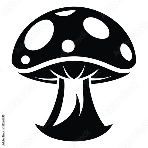 Spotted black mushroom with a thick stalk on a white background stands alone