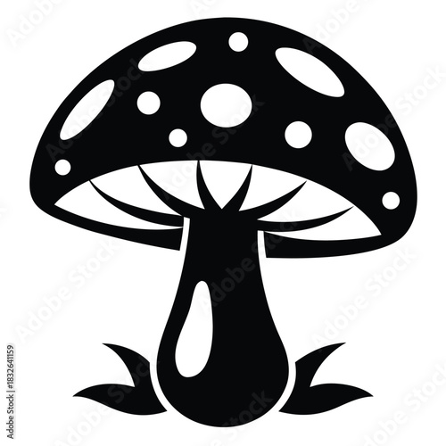 A solitary black mushroom, featuring contrasting white spots, is portrayed in simplified, silhouette