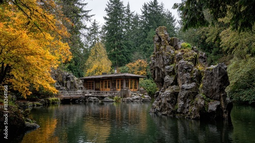 Tranquil Lakeside Scene with Autumnal Foliage and Wooden Structure Under Overcast Sky
