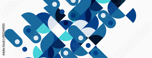 Abstract geometric pattern. Blue shades dominate, circles overlap creating dynamic composition. Minimalist design, modern aesthetic.