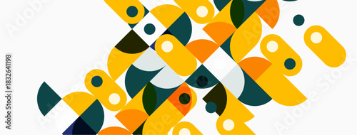 Abstract geometric pattern. Circles, semicircles, rectangles overlap creating modern design. Yellow, teal, gray dominate composition.