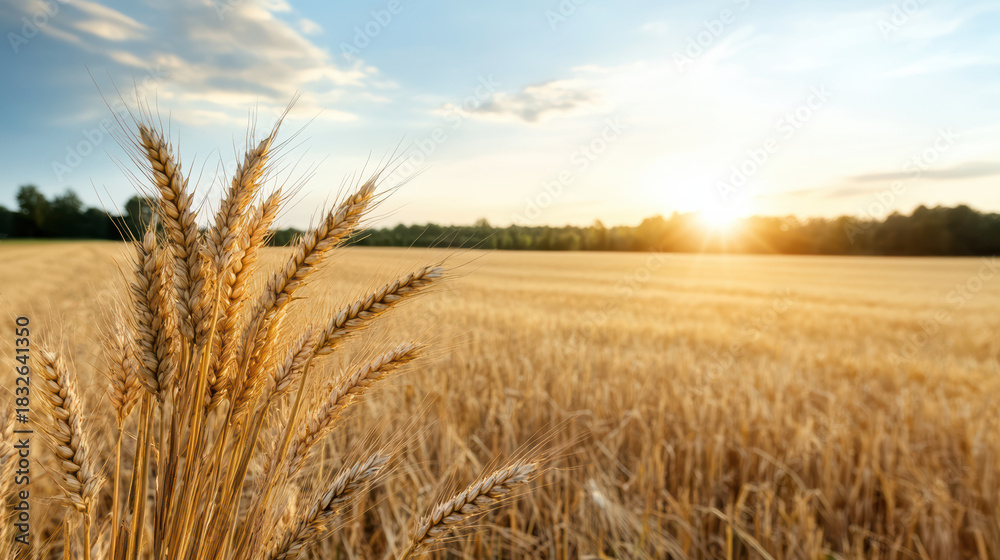 Naklejka premium Golden wheat field sunset warm sunlight peaceful rural landscape with closeup stalks