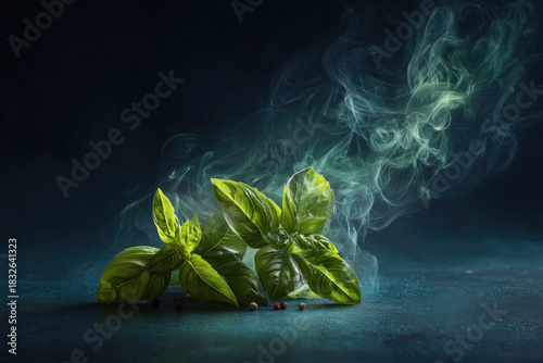 Fresh Basil Leaves with Pepper and Smoke on Dark Background, Close-Up Culinary Herb Still Life for Food Photography and Creative Ingredient Concepts
