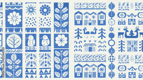 Enchanting winter holiday pattern with delightful illustrated flowers, trees, reindeer and houses for festive crafts