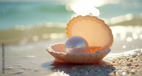 Luminous white pearl resting in an open seashell on a tropical beach at sunset symbolizing beauty luxury and ocean treasure