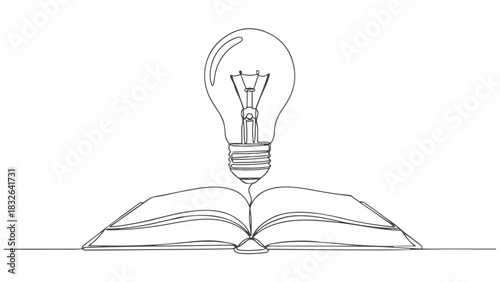 A continuous one line art drawing of a lightbulb emerging from an open book, symbolizing knowledge, creativity, and education