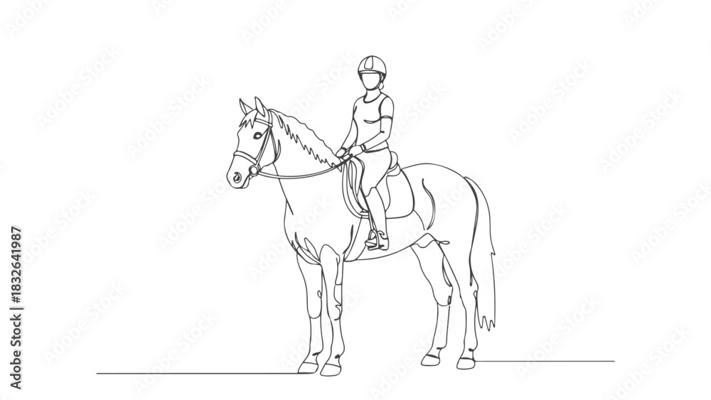 Fototapeta premium One continuous line art drawing of a female equestrian rider sitting on her horse, minimalist hand-drawn illustration for sport or hobby concept