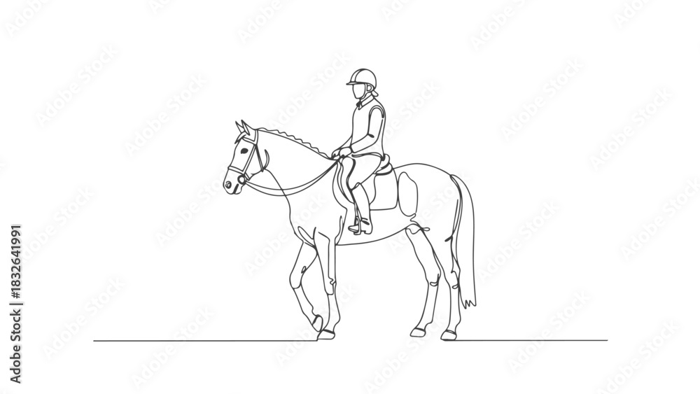 Fototapeta premium One continuous line art illustration of a jockey riding a majestic horse, an elegant equestrian sport drawing in a minimalist style