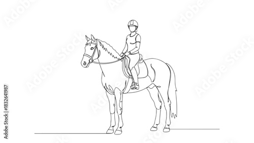 One continuous line art drawing of a female equestrian rider sitting on her horse, minimalist hand-drawn illustration for sport or hobby concept