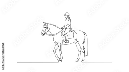 One continuous line art illustration of a jockey riding a majestic horse, an elegant equestrian sport drawing in a minimalist style