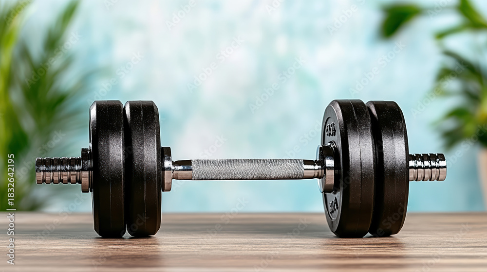 Naklejka premium Adjustable dumbbell on wooden floor with blurred plants and soft light