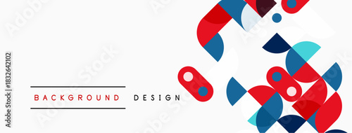 Abstract geometric shapes overlap, creating dynamic visual texture. Red, blue, teal dominate white space. Minimalist design elements present.