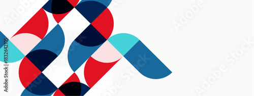 Abstract geometric pattern. Overlapping circles create dynamic composition. Red, blue, black, pink hues dominate white background. Modern design element.