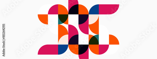 Abstract geometric design. Circles, semicircles, overlapping shapes create complex pattern. Pink, orange, navy dominate palette. Modern aesthetic.
