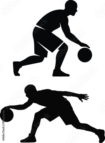 Basketball players silhouettes dribbling ball showing athletic performance and skill
